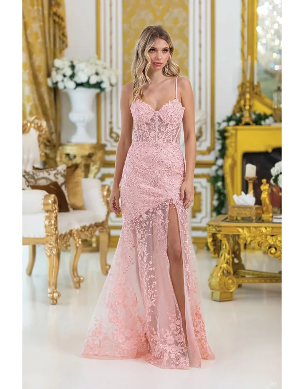 Fitted Prom Dress With Floral Lace Embroidery And Side Slit