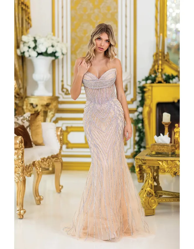 Strapless Beaded Prom Dress With Sheer Detailing And Fitted Skirt