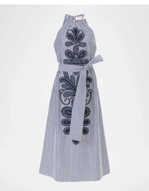Embroidered Striped Cotton Halter Midi Dress