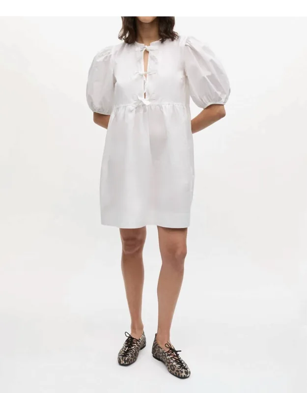 Cotton Poplin Tie String Mini Dress, A-line, Short Sleeve, Open Crewneck, Tie Closures, Puff Sleeves, Elastic Edges
