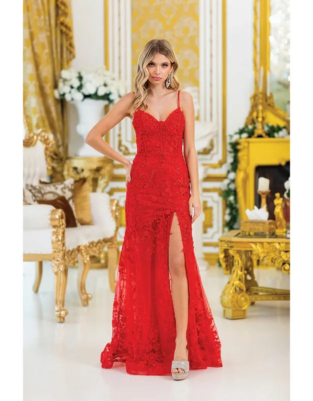 Fitted Prom Dress With Floral Lace Embroidery And Side Slit