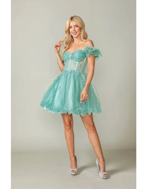 Puff Sleeve Tulle Dress With Embroidered Bodice And Scalloped Hem