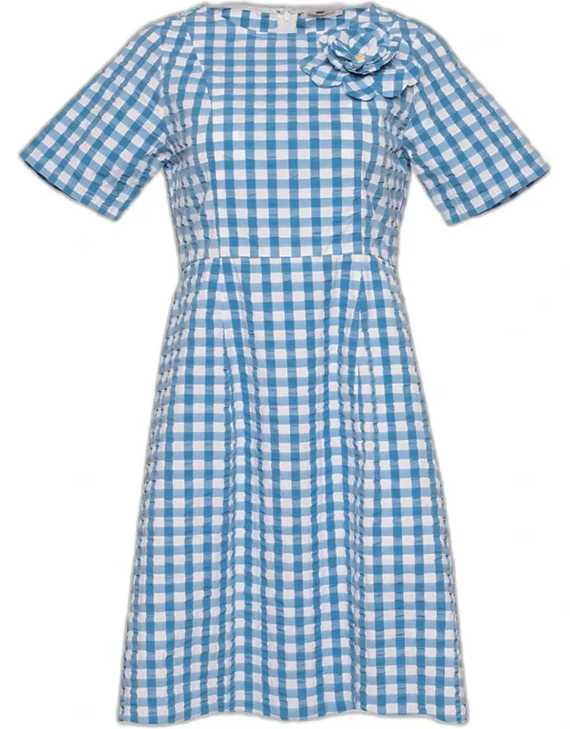 Flower-embellished Gingham Midi Dress
