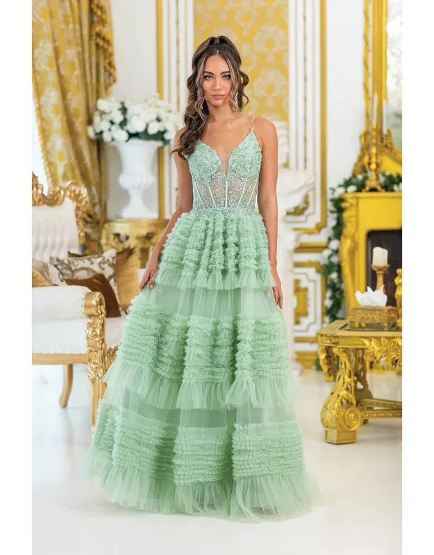 Beaded Corset Top With Layered Ruffle Skirt Prom Dress