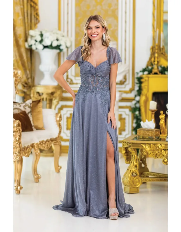 Embellished A-line Prom Dress With Sheer Sleeves And High Slit