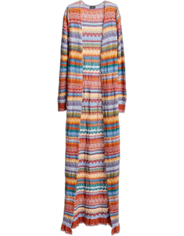 Striped Open-knit Long Cardigan
