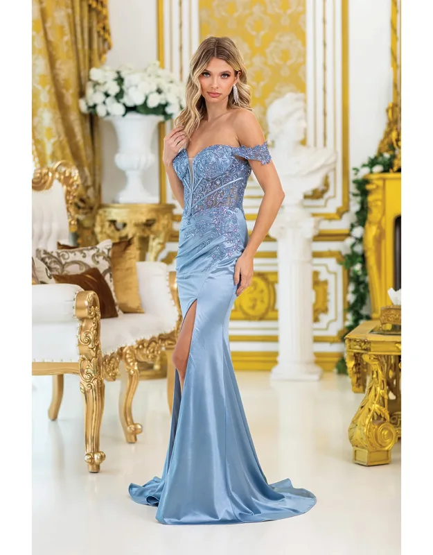 Off-shoulder Satin Prom Dress With Intricate Beaded Bodice And Side Slit