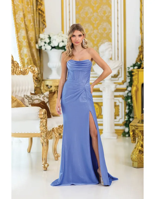 Strapless Prom Dress With Cowl Neckline, Fitted Bodice, Draped Skirt, And High Slit