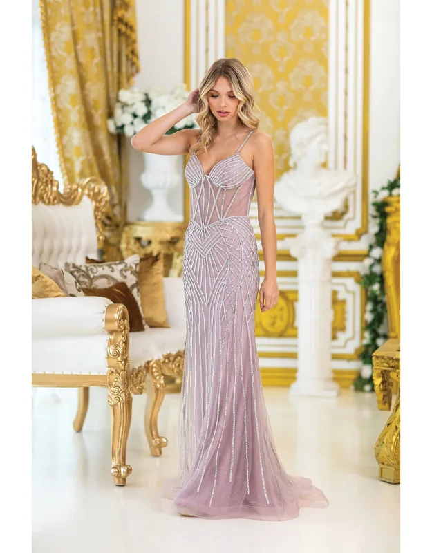 Beaded And Sequined Full-length Prom Dress With Sheer Illusion Bodice And Fitted Silhouette