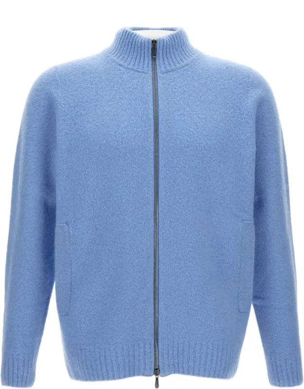 Brushed Virgin Wool Cardigan With High Knit Collar And Zip Closure