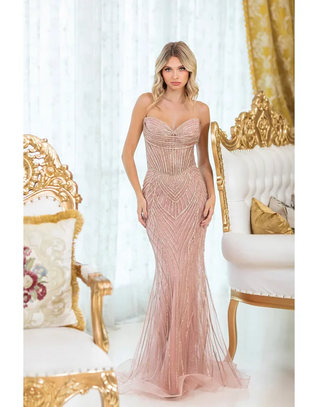 Strapless Beaded Prom Dress With Sheer Detailing And Fitted Skirt