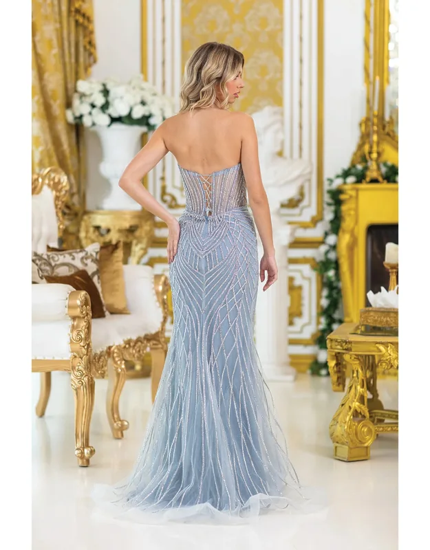 Strapless Beaded Prom Dress With Sheer Detailing And Fitted Skirt