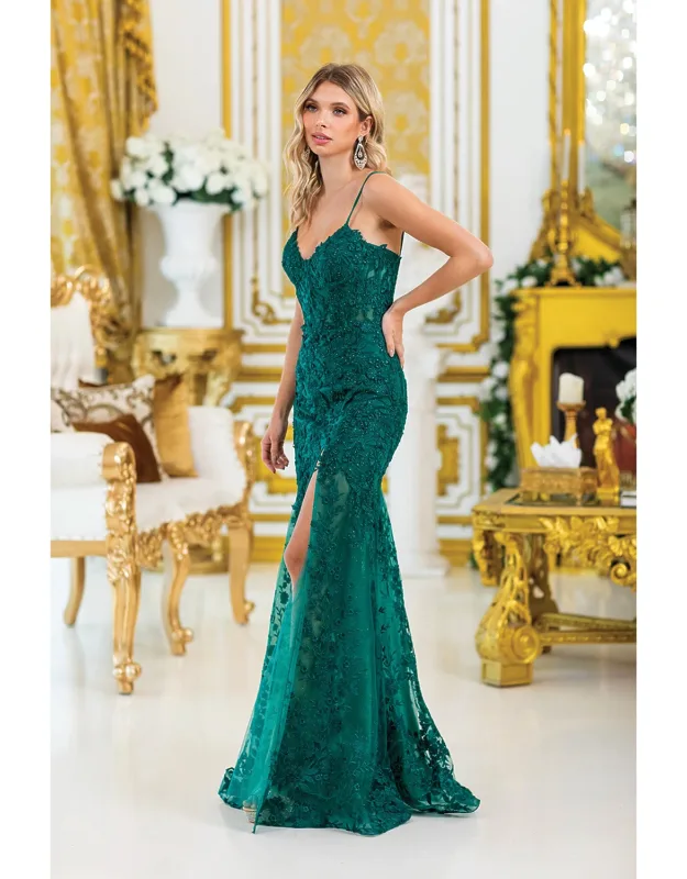Fitted Prom Dress With Floral Lace Embroidery And Side Slit