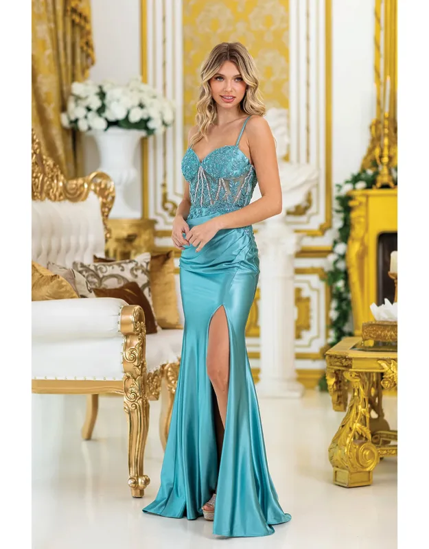 Spaghetti Strap Prom Dress With Beaded Corset, Draped Skirt, And Side Slit
