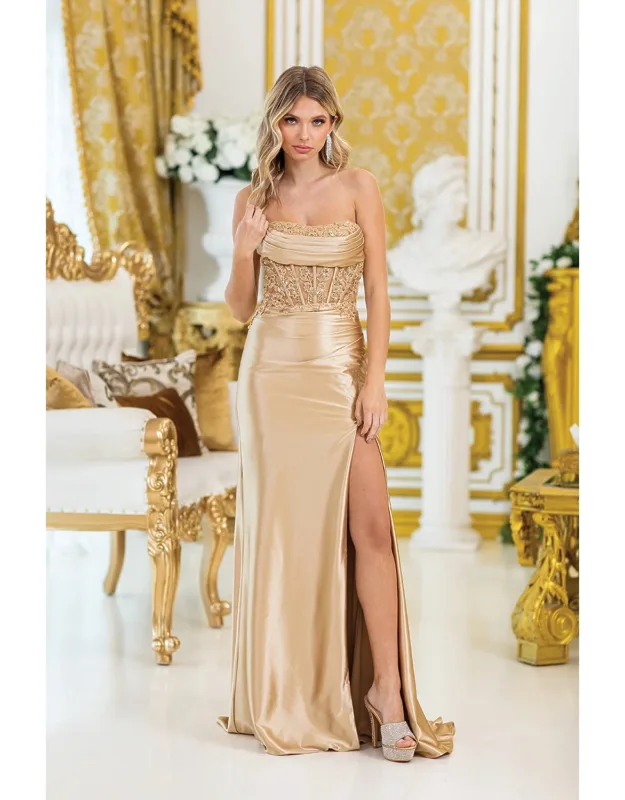 Strapless Prom Dress With Embellished Bodice, Sheer Detailing, High Slit, And Flowing Skirt For A Chic And Elegant Look.