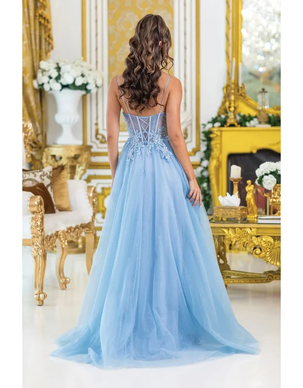 Strapless Prom Dress With Beaded Corset And Sheer Skirt With Side Slit