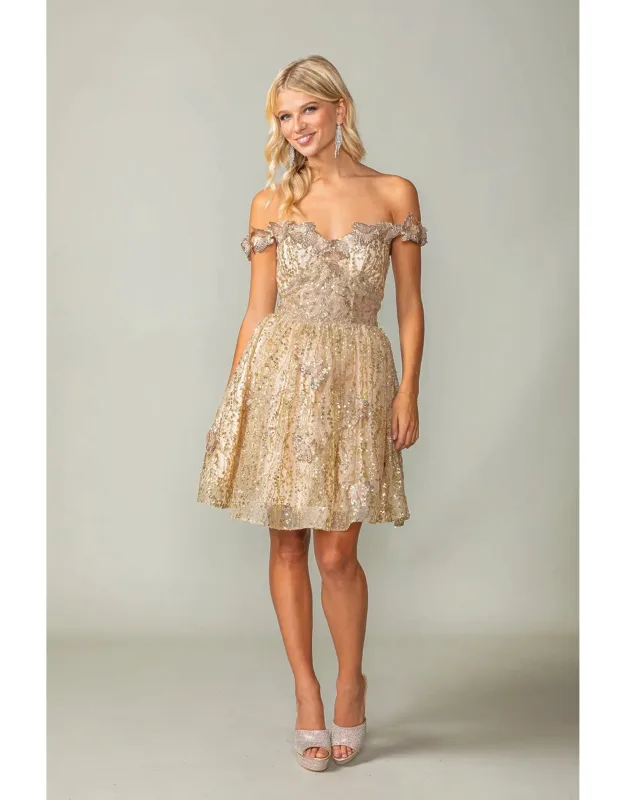 Sequined Off-the-shoulder Dress With Lace-up Back And Floral Appliques