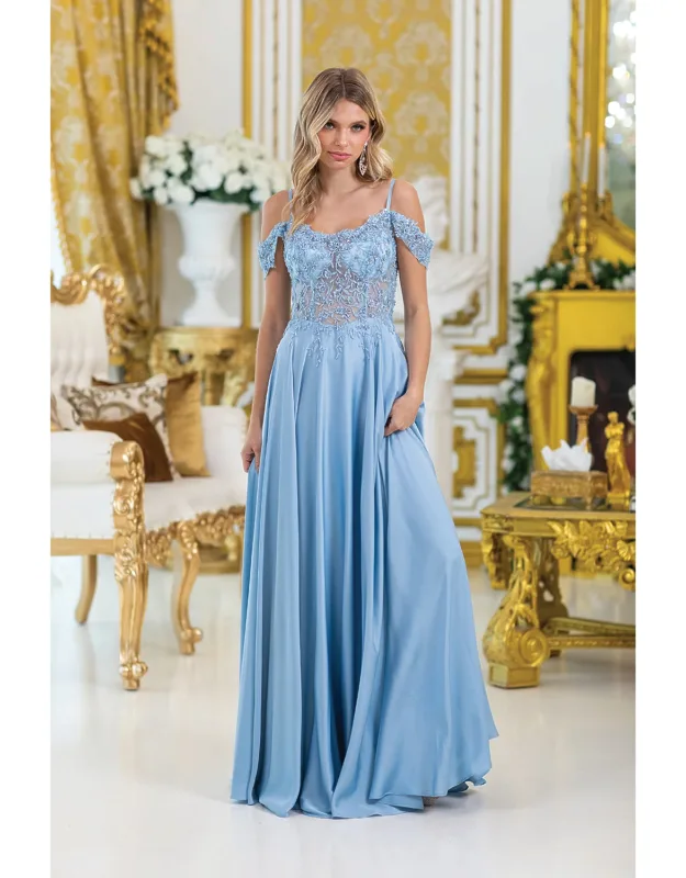 Elegant Off-shoulder Prom Dress With Floral Embellishments, Flowing Skirt, And Slit For A Graceful, Stunning Look