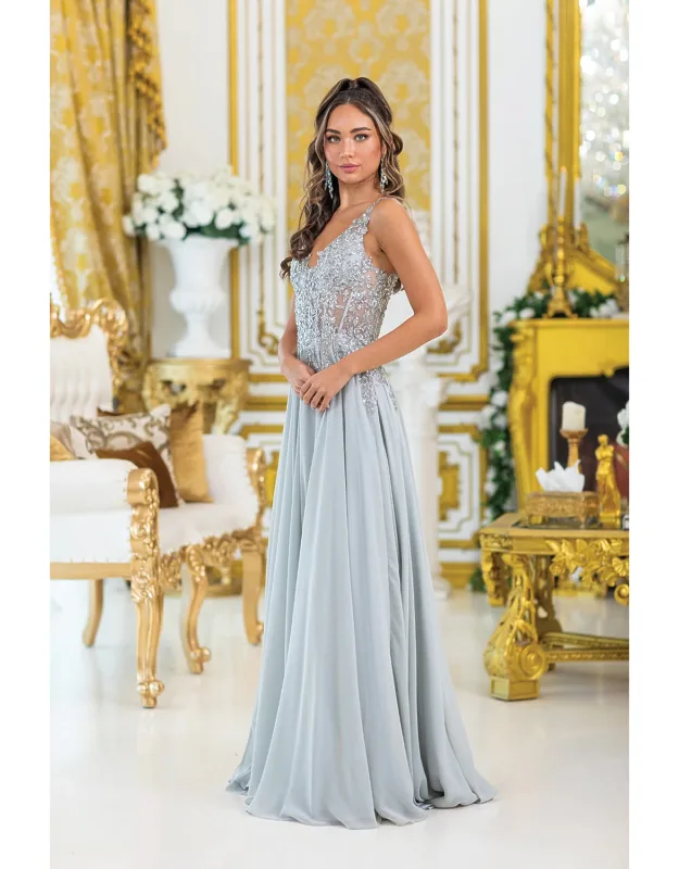 Embroidered Bodice A-line Gown With Sheer Overlay And Sleeveless Design