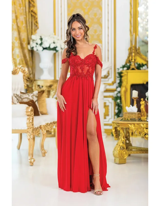 A-line Prom Dress With Sheer Bodice, Floral Embellishments, And Slit Skirt