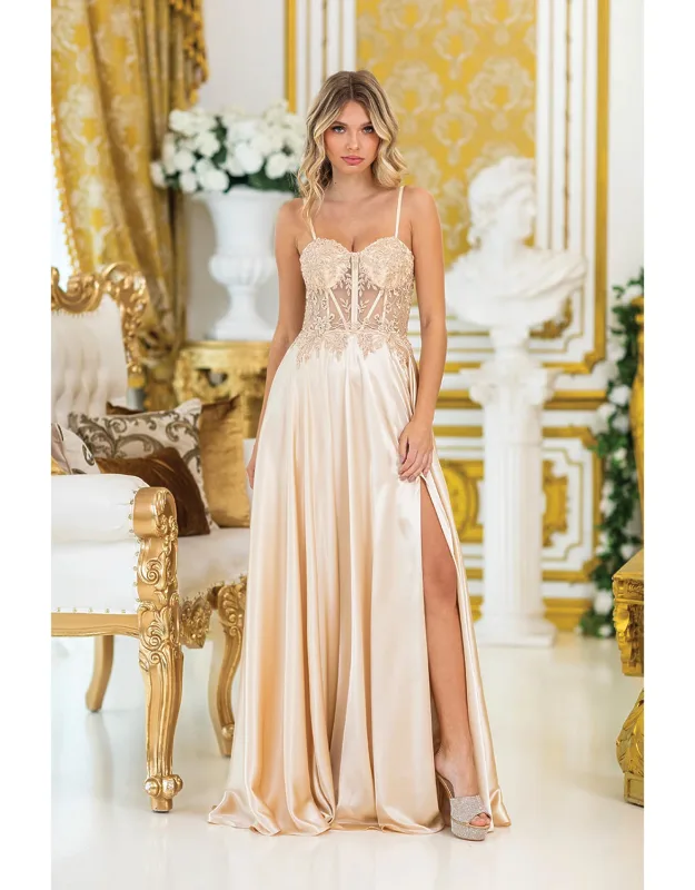 Strapless Prom Dress With Beaded Bodice, Sheer Corset Detail, Satin Skirt, And High Slit.