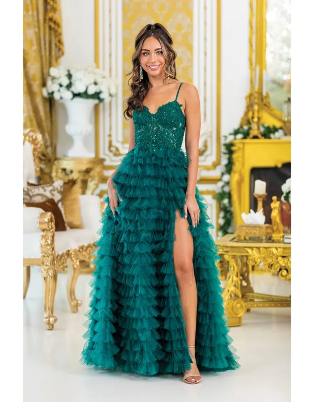 Traditional Ball Gown Quinceanera Dress With Layered Ruffles, Embroidered Floral Accents, And Strapless Bodice