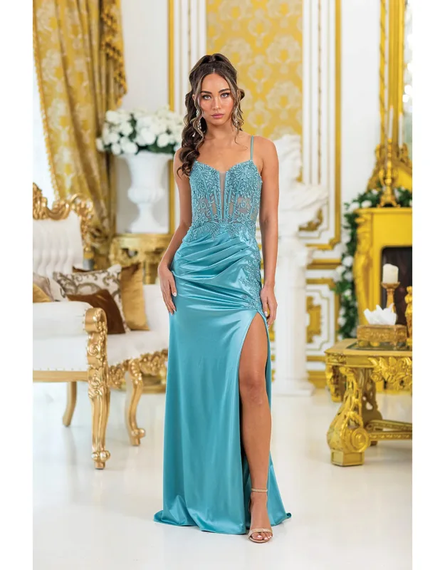 Sheer Corset Prom Dress With Beaded Embellishments, High Slit, And Draped Skirt
