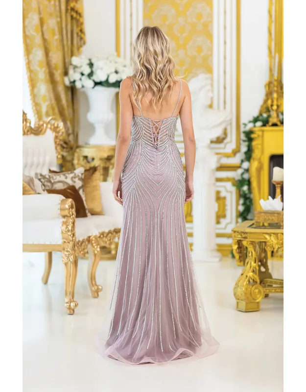 Sequined Beaded Full-length Prom Dress With Sheer Detailing And Fitted Silhouette