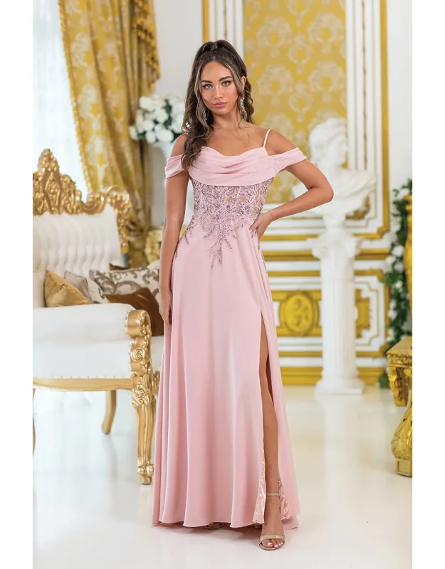 Off-shoulder Prom Dress With Beaded Bodice And Side Slit Skirt