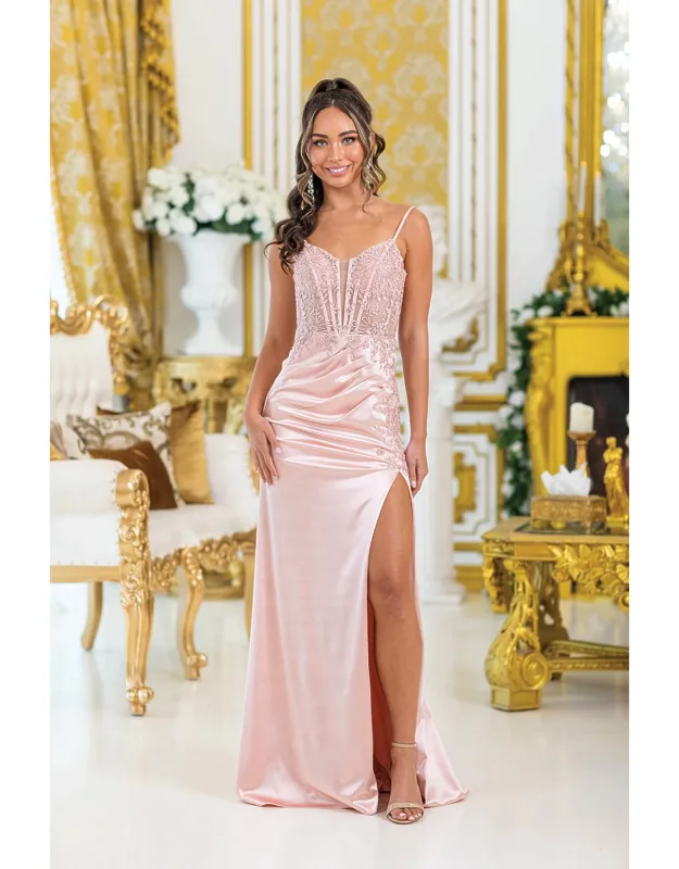 Sheer Corset Prom Dress With Beaded Embellishments, High Slit, And Draped Skirt