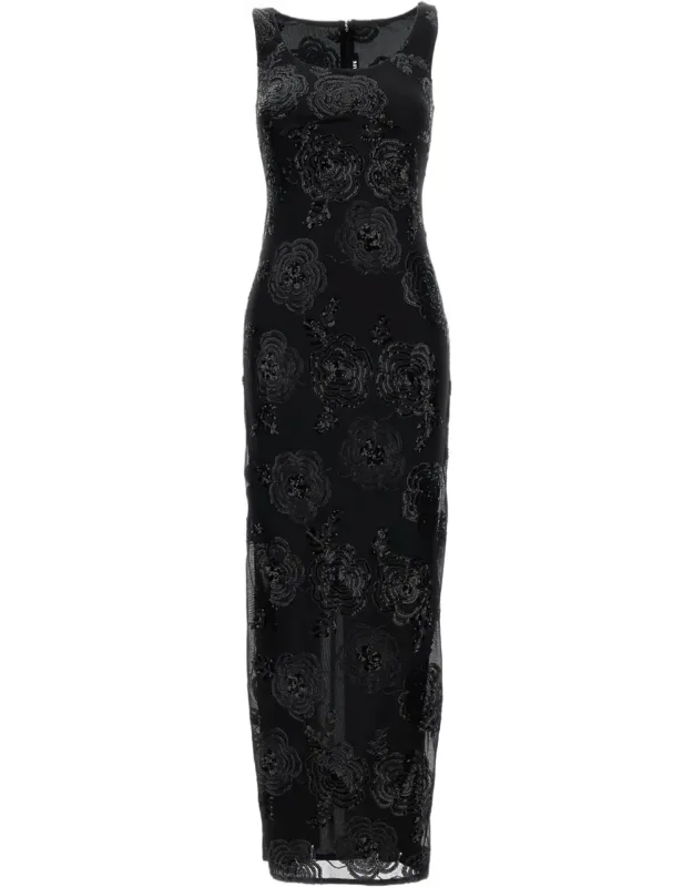 Maxi Dress With Elegant Sequin Flower Embroidery