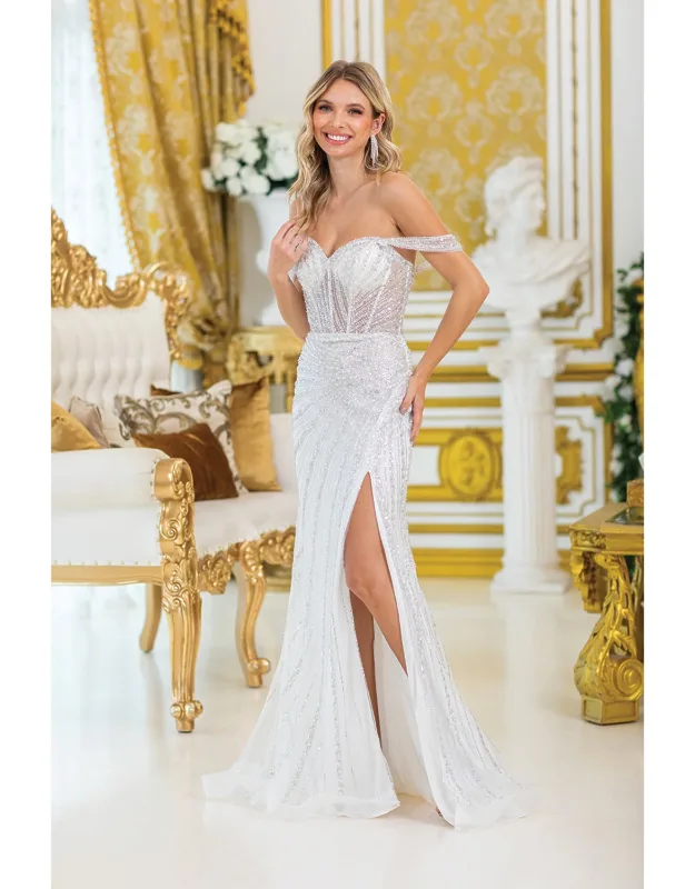 Off-shoulder Sequin-embellished Prom Dress With High Slit And Flowing Skirt, Featuring A Fitted Bodice And Glamorous Detailing