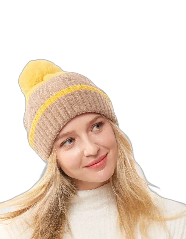 Lurex Accented Two Tone Knit Pom Pom Beanie Hat