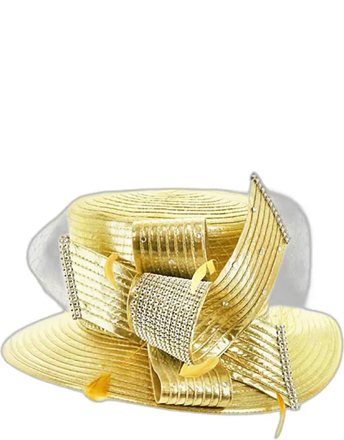 Feather Crystal Detail Bow Mesh Metallic Satin Dressy Hat