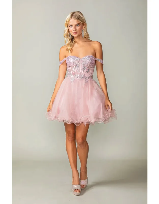 Beaded Lace Applique Bodice Dress With Sheer Sleeves And Tulle Skirt