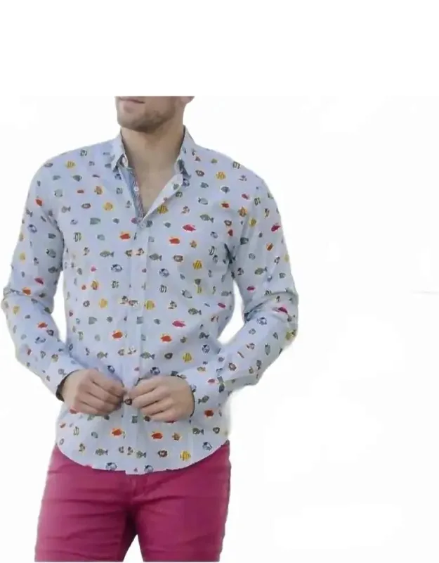 Stripe Button Down Shirt With Tropical Fish