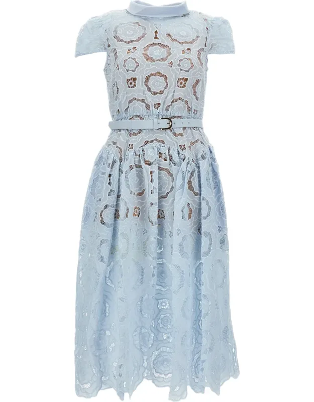 Floral Lace Midi Dress With Refined Collar And Detachable Belt