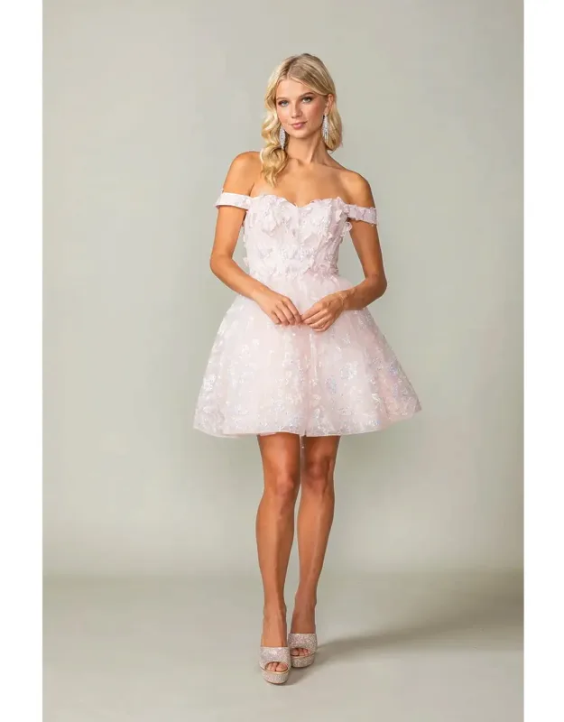 Sequined Lace A-line Dress With Off-the-shoulder Sleeves And Lace-up Back Homecoming Dress