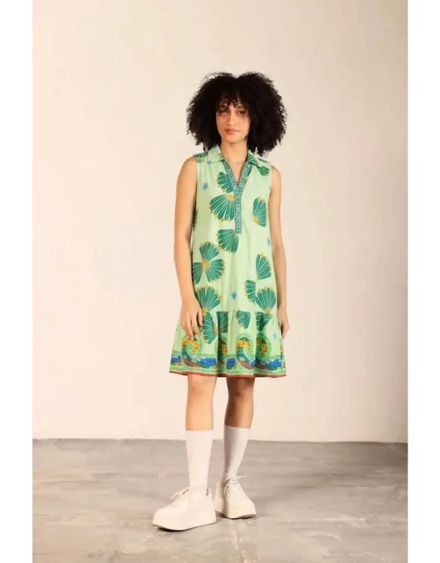 Luna Palm Breeze Poplin Dress With Collared Neckline And Flounce Hem