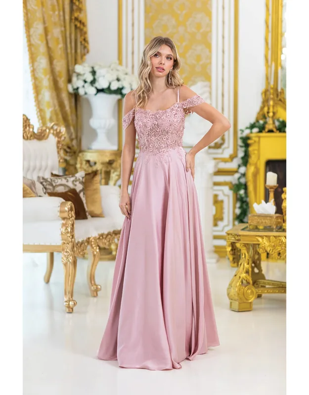 Elegant Off-shoulder Prom Dress With Floral Embellishments, Flowing Skirt, And Slit For A Graceful, Stunning Look