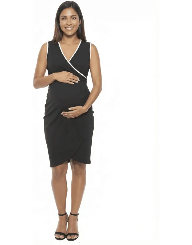 Maternity V Neck Sleeveless Faux Wrap Tulip Hemline Midi Dress