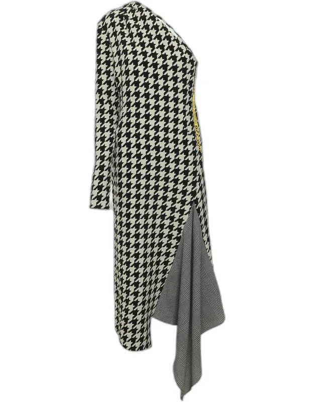 Houndstooth Pattern Wool One Shoulder Midi Dress