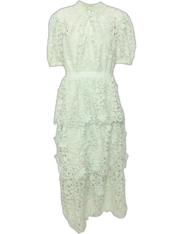 3d Floral Lace Puffed Sleeve Midi Dress