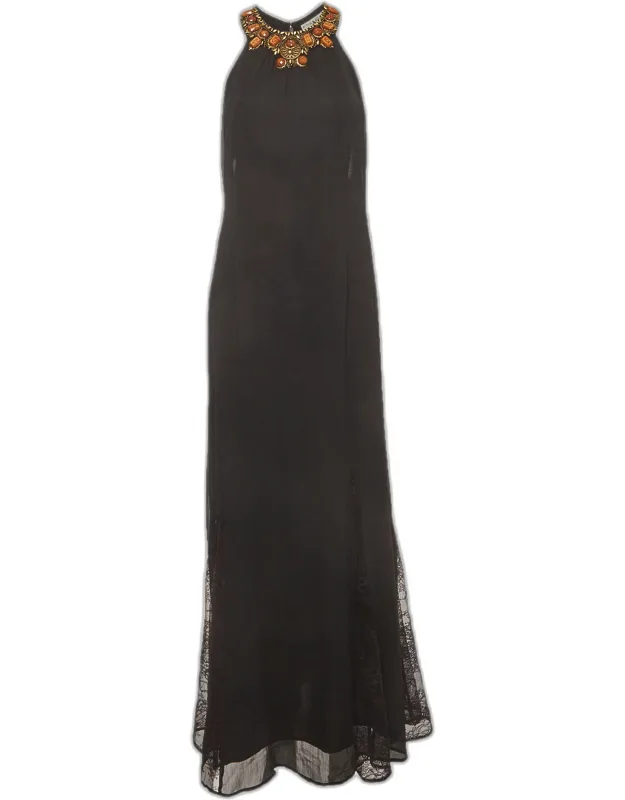 Embellished Chiffon & Lace Halter Neck Long Dress