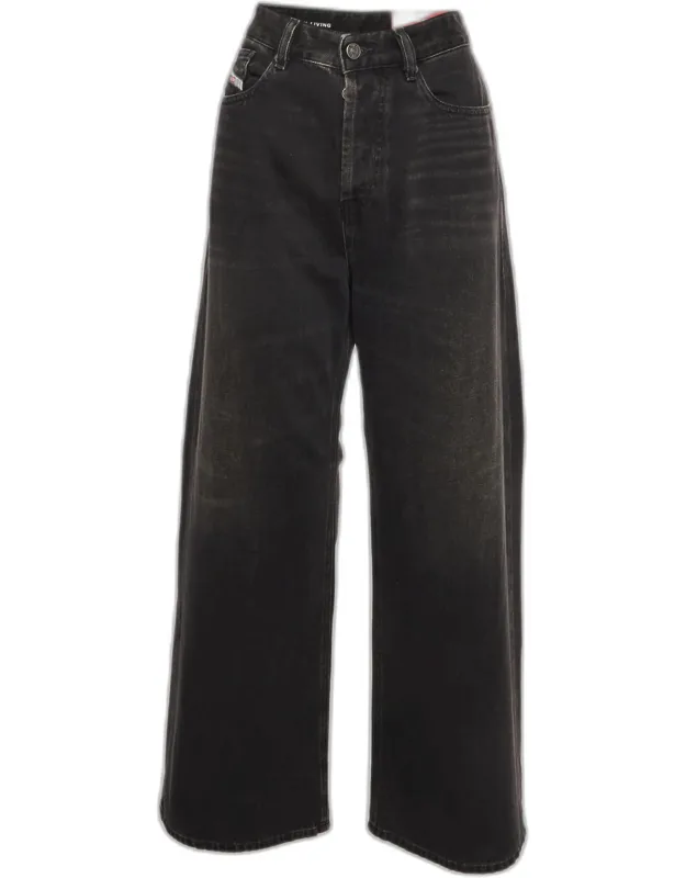 Black Washed Denim Wide-leg Jeans