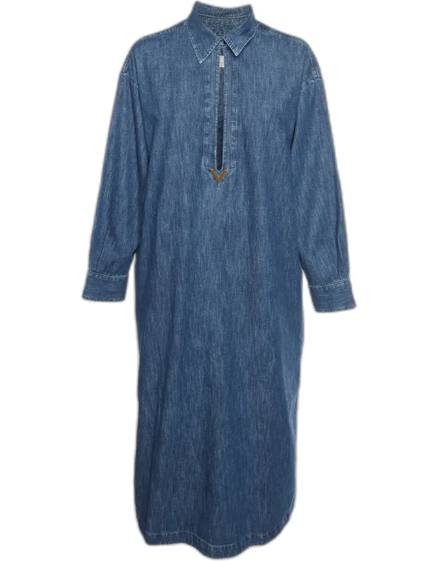 Logo Plaque Embellished Denim Kaftan Maxi Dress