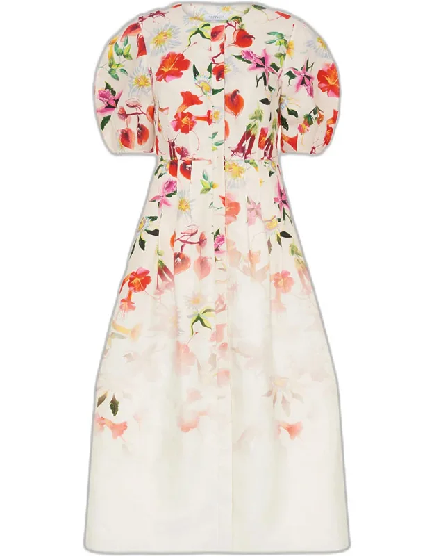 Floral-print Linen Puff-sleeve Midi Dress