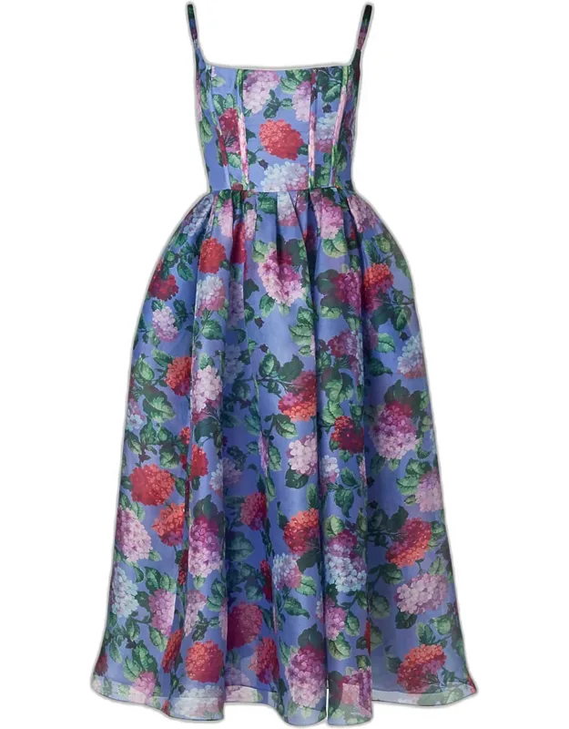 Hydrangea-print Silk Organza Fit-and-flare Midi Dress