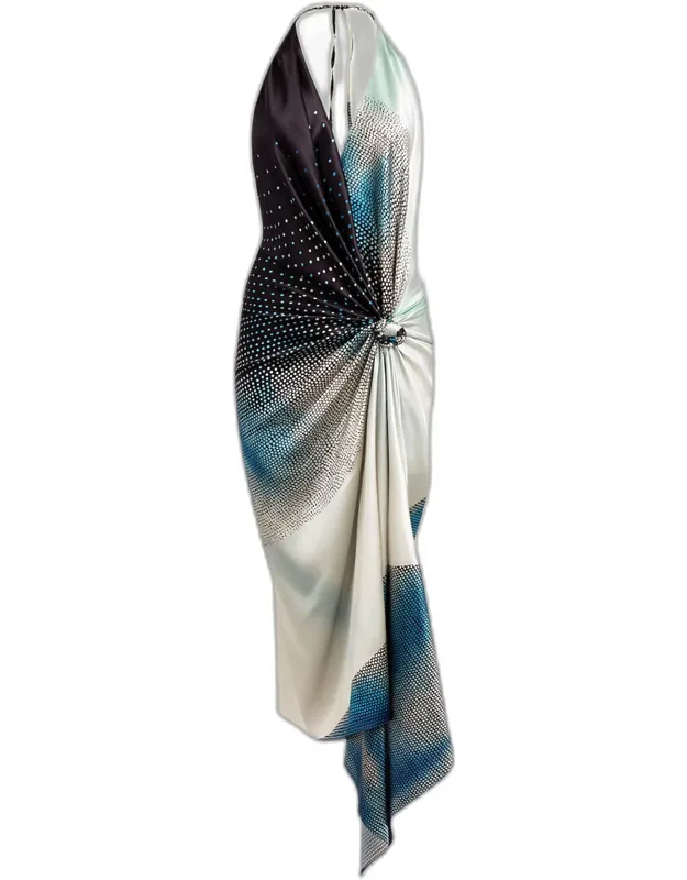Abril Plunging Halter Knotted Silk Midi Dress