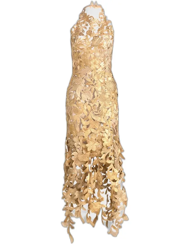 Sleeveless Corded Floral Halter Midi Cocktail Dress